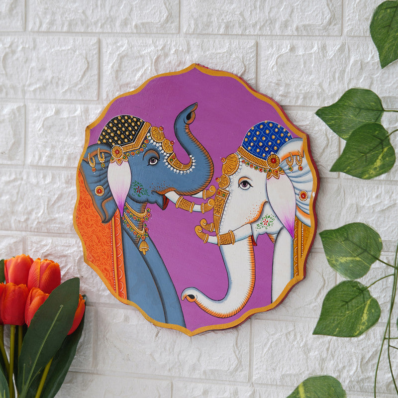 Stunning Pichwai Painting of Two Elephants on Purple Plate | Traditional Indian Art