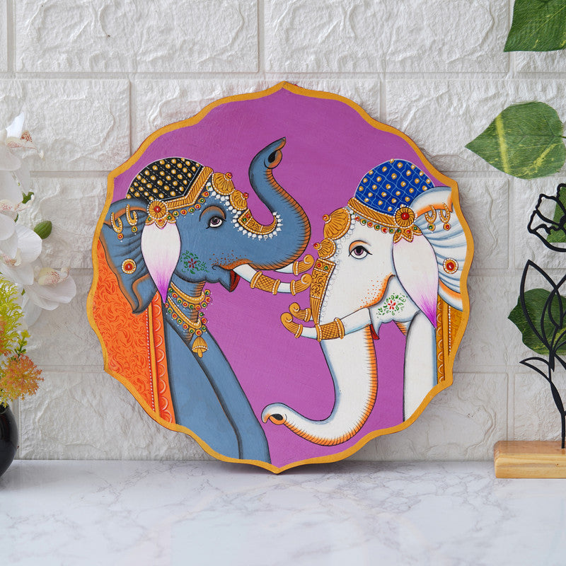 Stunning Pichwai Painting of Two Elephants on Purple Plate | Traditional Indian Art