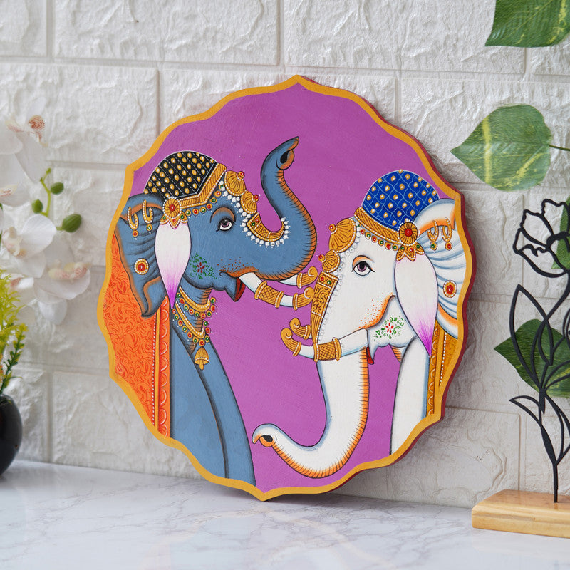 Stunning Pichwai Painting of Two Elephants on Purple Plate | Traditional Indian Art