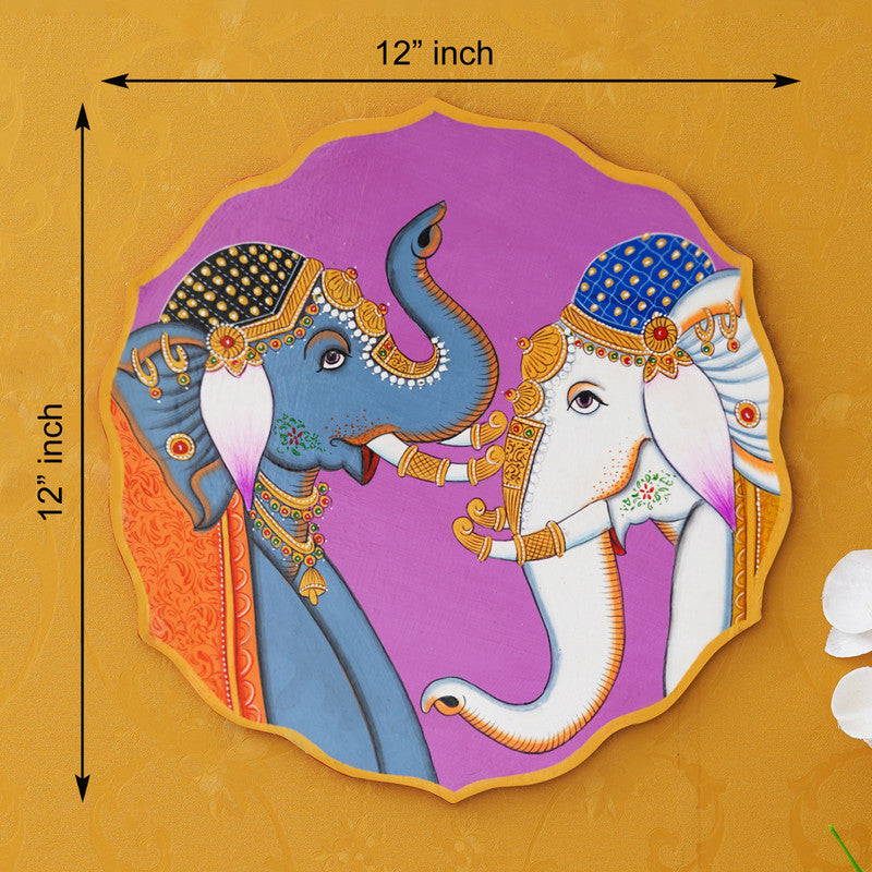 Stunning Pichwai Painting of Two Elephants on Purple Plate | Traditional Indian Art