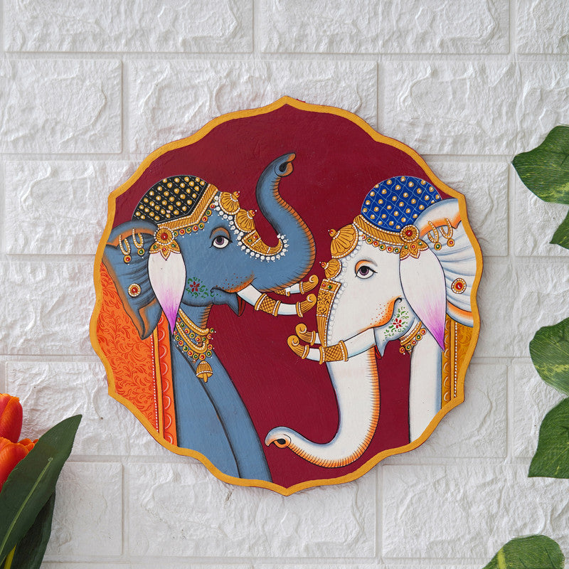 Stunning Pichwai Painting of Two Elephants on Purple Plate | Traditional Indian Art