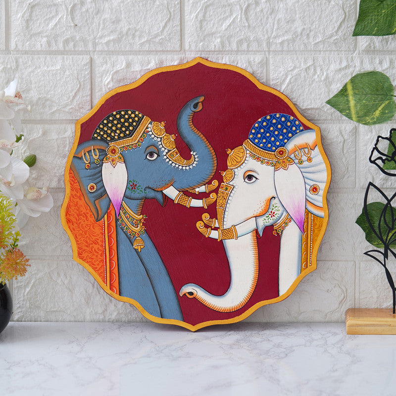 Stunning Pichwai Painting of Two Elephants on Purple Plate | Traditional Indian Art