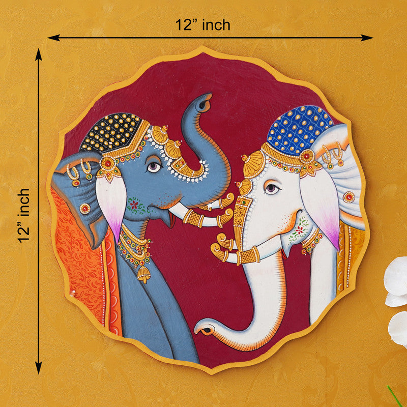 Stunning Pichwai Painting of Two Elephants on Purple Plate | Traditional Indian Art