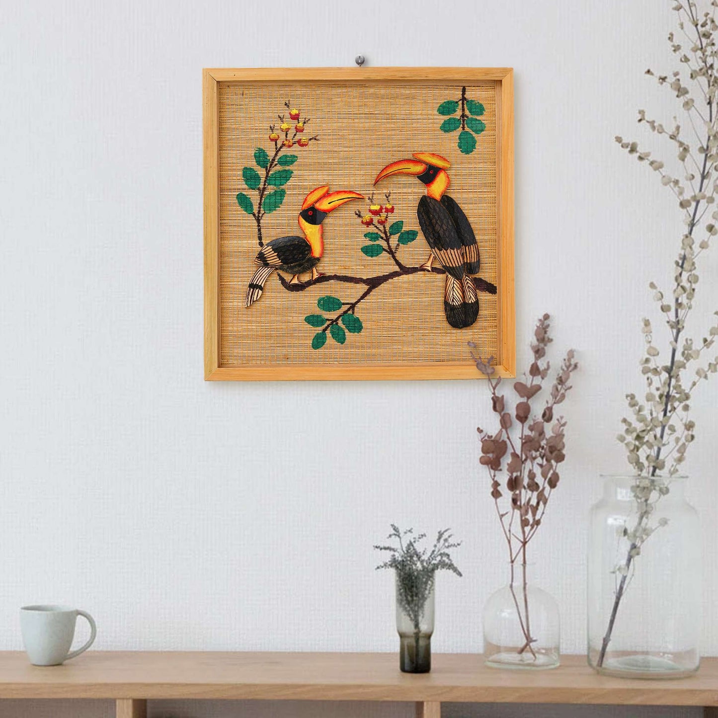 Bamboo Art Couple Hornbill Painting | Unique Home Decor & Gift