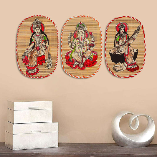 Bamboo Handcrafted Wall Hanging of Ganesh, Laxmi & Saraswati Ji | Spiritual Home Decor