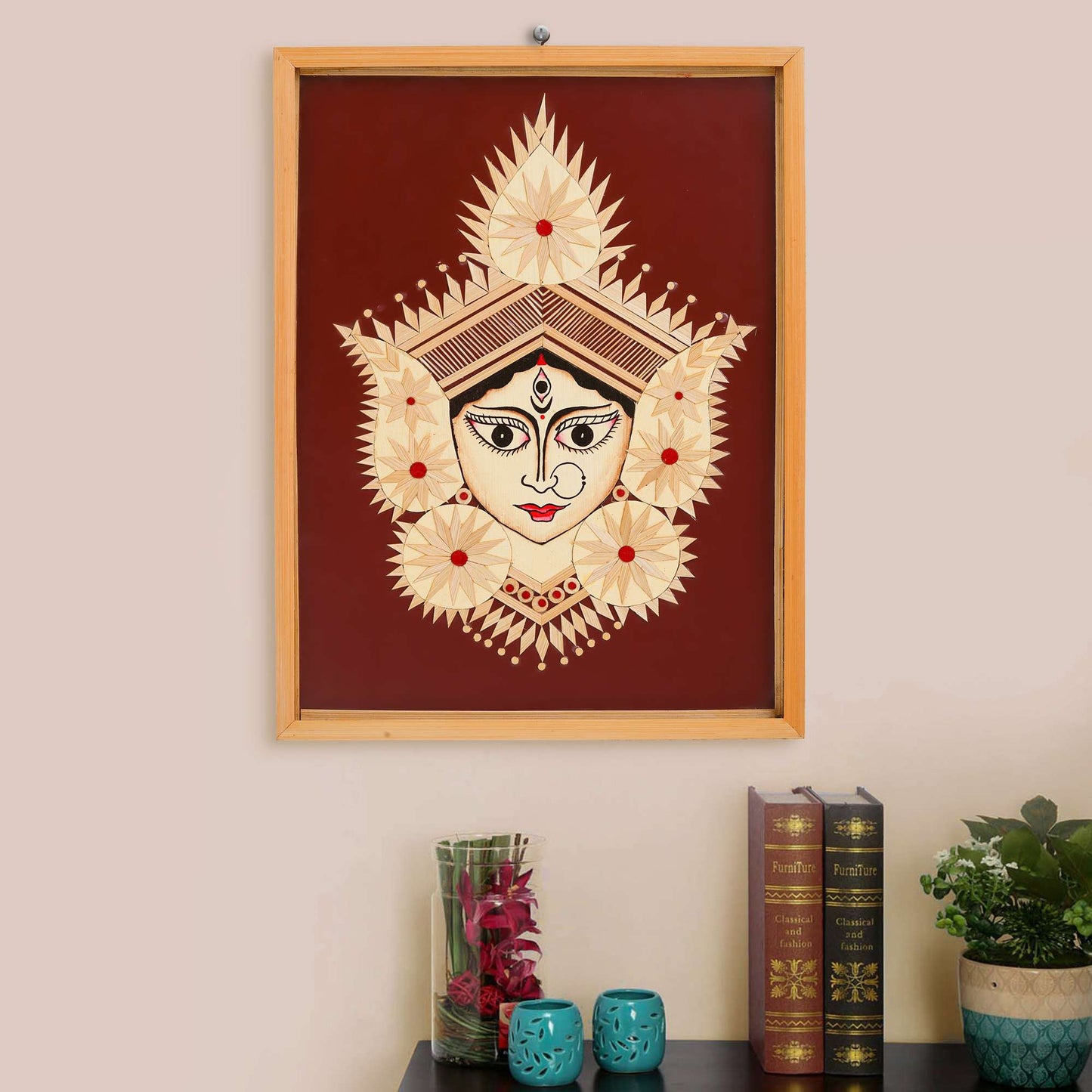 Bamboo Handcrafted Framed Wall Hanging of Durga Ji | Unique Home Decor