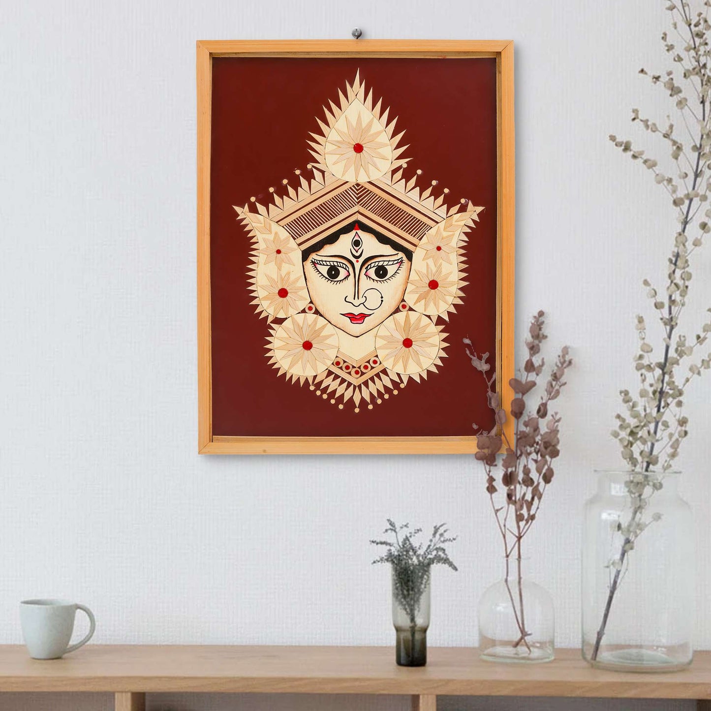 Bamboo Handcrafted Framed Wall Hanging of Durga Ji | Unique Home Decor