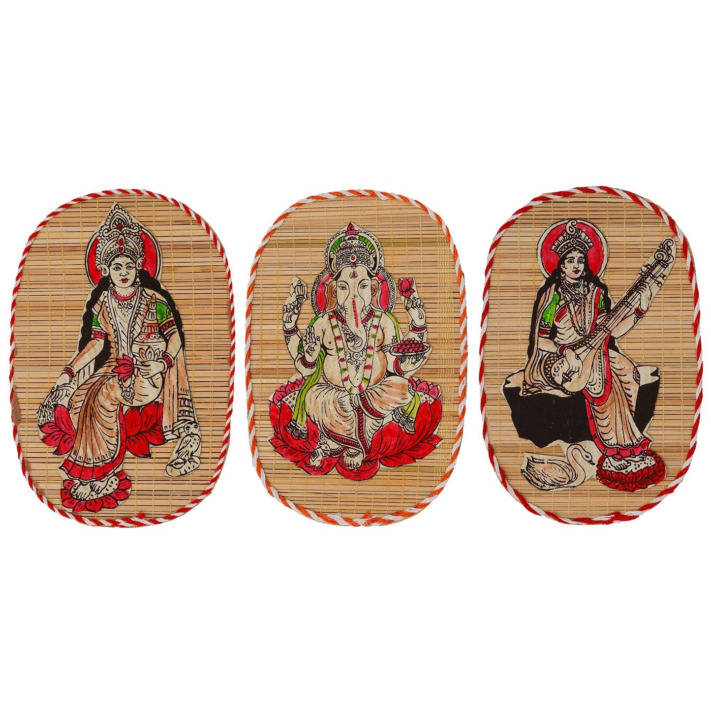 Bamboo Handcrafted Wall Hanging of Ganesh, Laxmi & Saraswati Ji | Spiritual Home Decor