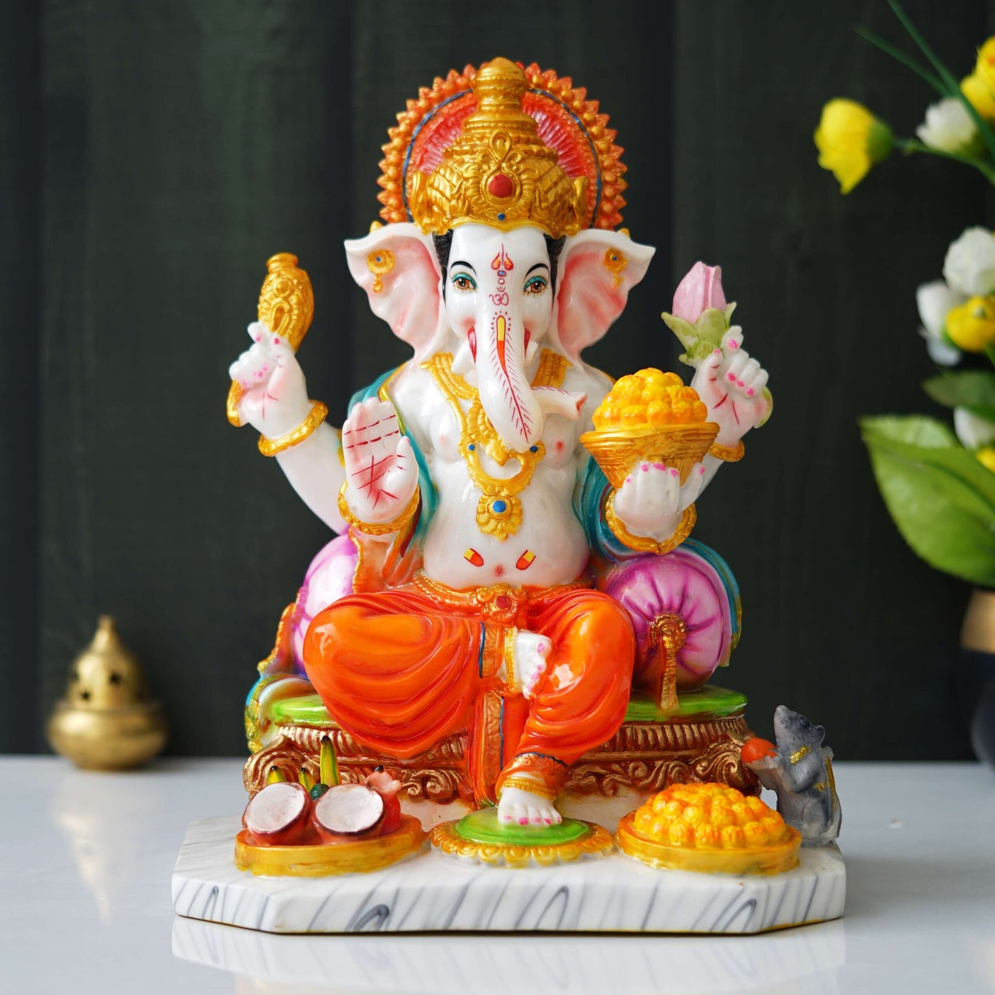 13 Inch White Marble Dust Ganesha Statue