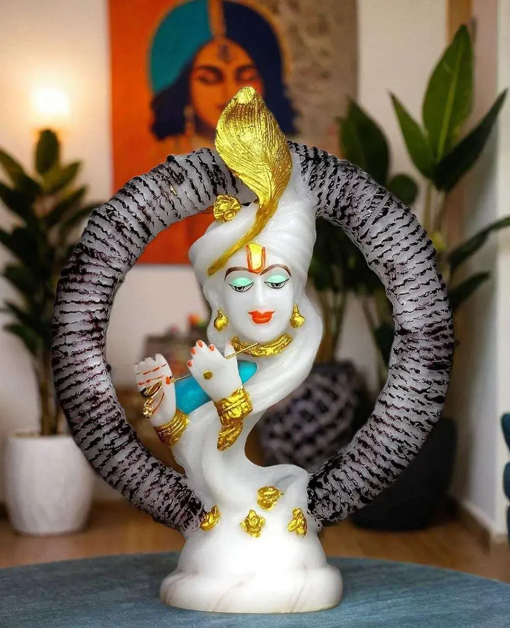 Antique Look Marble Dust Lord Krishna Sculpture | Playing Basuri Decor